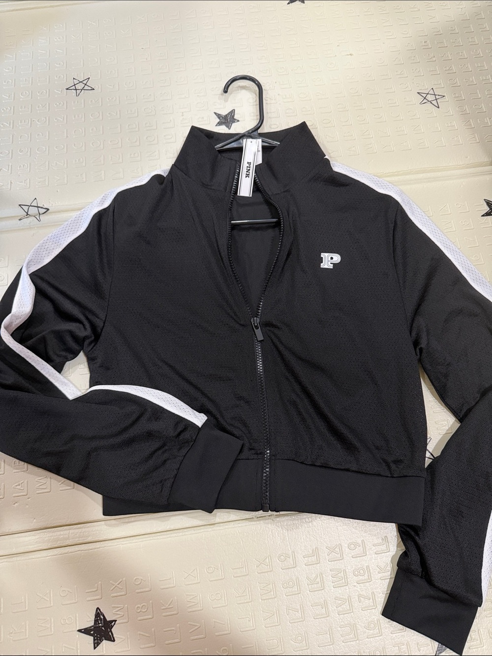 Victoria's Secret Black Cropped Varsity Jacket with White Stripes